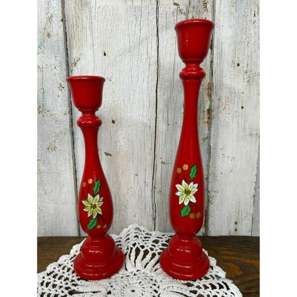 Vintage Candle Holders Christmas Poinsettias Handmade Wooden Candle Holder - Picture 1 of 4